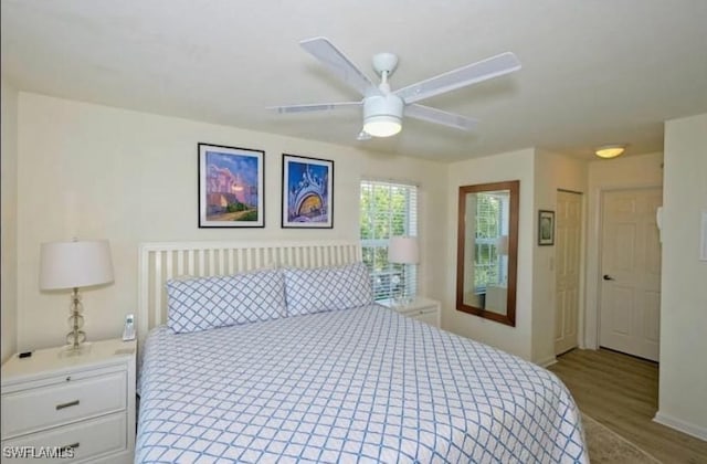 bedroom featuring a closet, ceiling fan, and light hardwood / wood-style floors