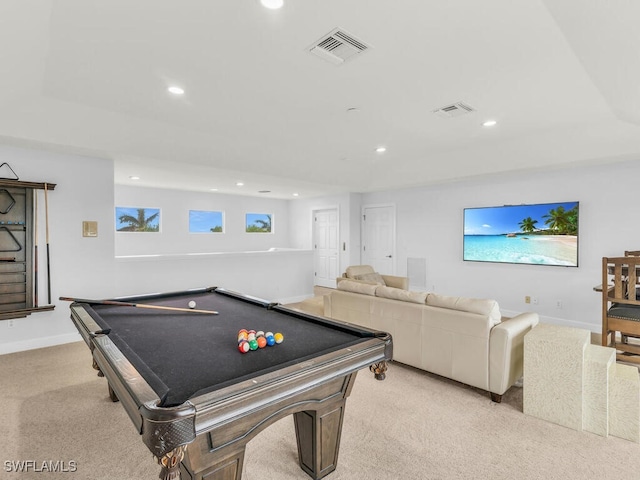 rec room with light carpet and billiards