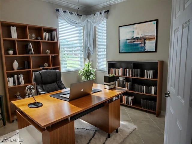 tiled office with crown molding