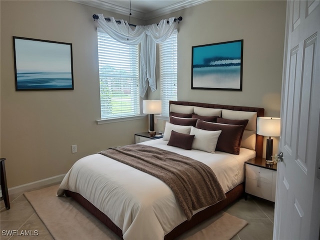 tiled bedroom with ornamental molding