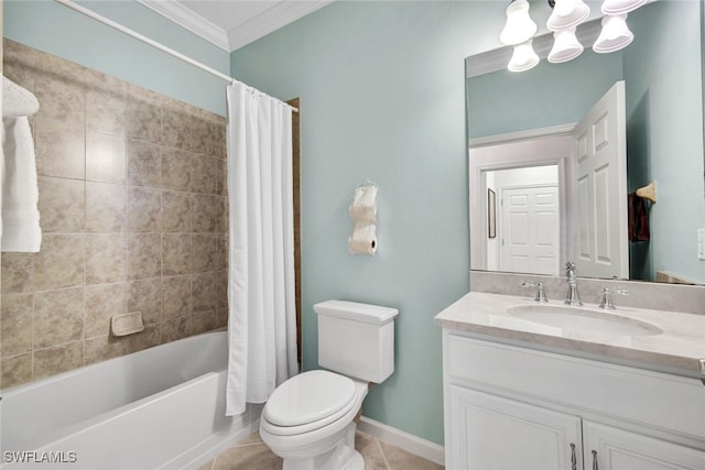 full bathroom featuring shower / bath combination with curtain, toilet, ornamental molding, vanity, and tile patterned floors