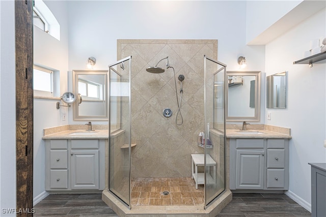 bathroom with vanity, an enclosed shower, and hardwood / wood-style floors