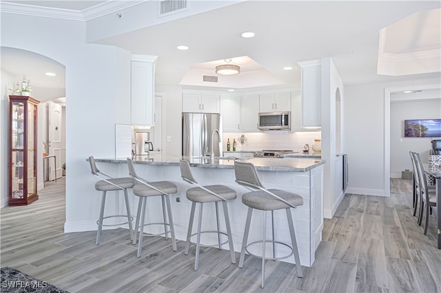 kitchen featuring appliances with stainless steel finishes, white cabinetry, a tray ceiling, light wood-type flooring, and light stone counters