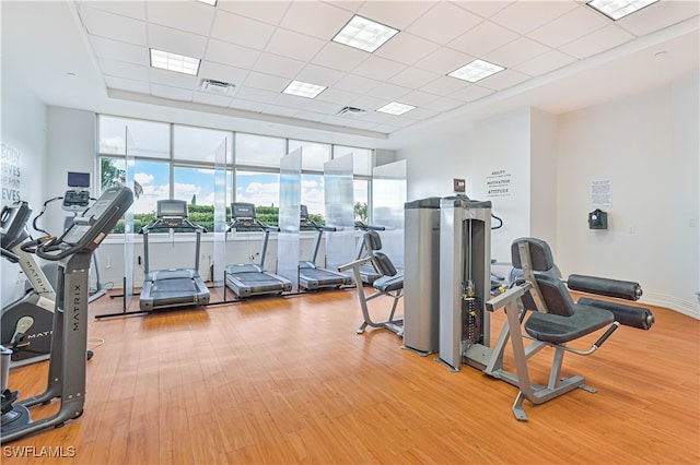 gym featuring a drop ceiling and light wood-type flooring