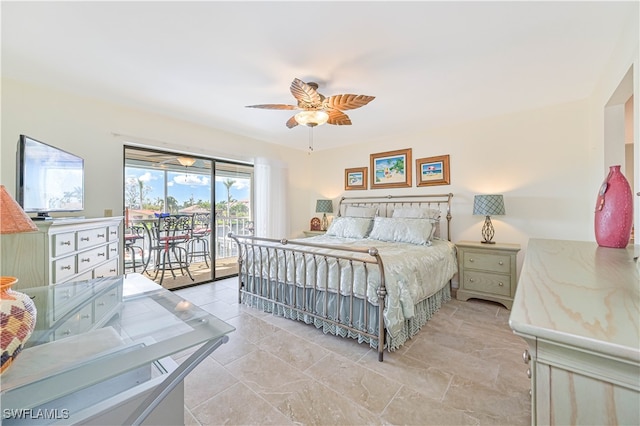 bedroom featuring access to outside and ceiling fan