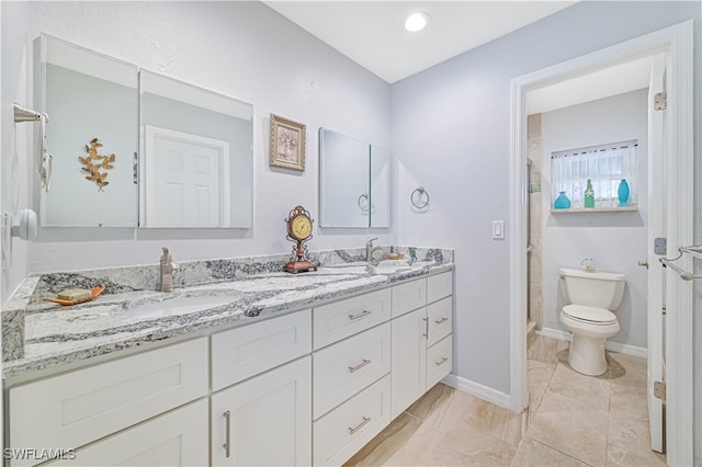 bathroom with vanity, toilet, and a shower