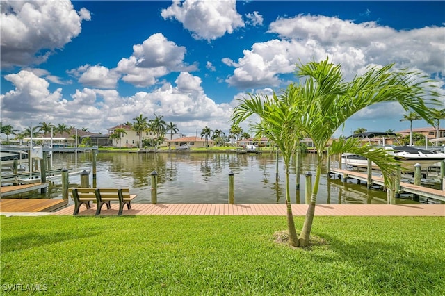 dock area with a water view and a yard