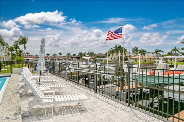 exterior space with a boat dock and a water view