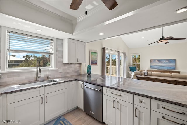 kitchen with stone counters, sink, tasteful backsplash, stainless steel dishwasher, and white cabinets