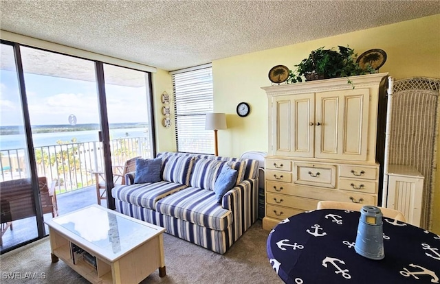 living room with a water view, floor to ceiling windows, carpet floors, and a textured ceiling