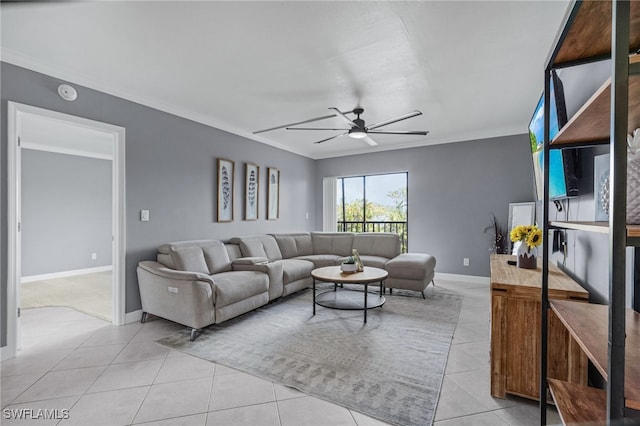 tiled living room featuring crown molding and ceiling fan