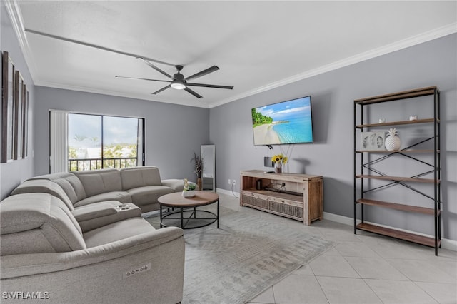 tiled living room featuring ceiling fan and ornamental molding