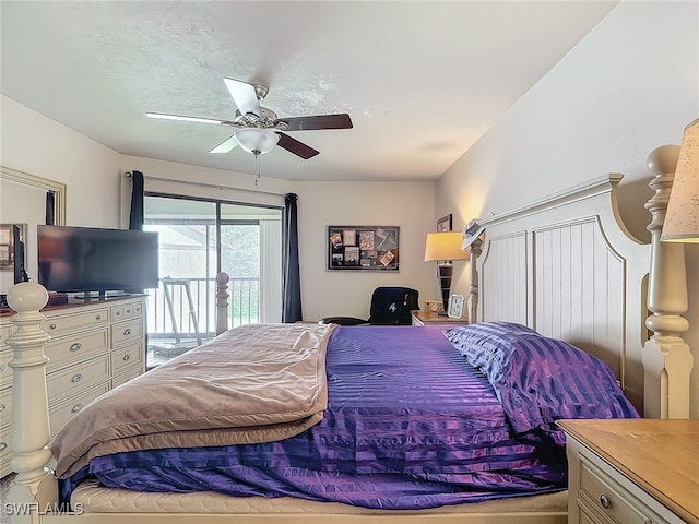 bedroom with ceiling fan, a textured ceiling, and access to outside