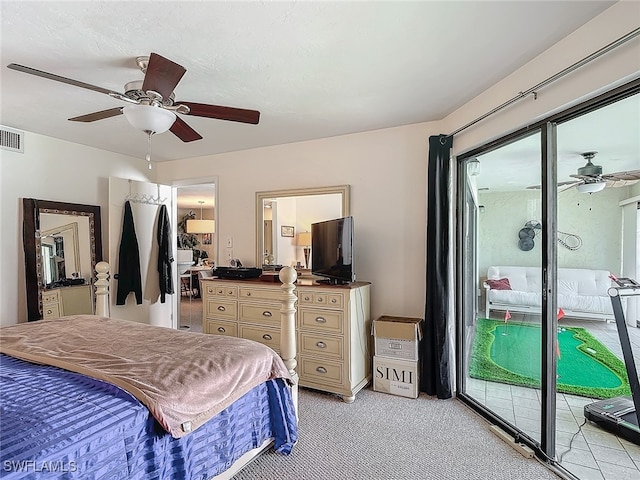 bedroom with ceiling fan, access to exterior, and light colored carpet