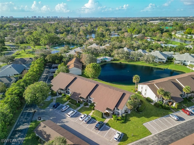 drone / aerial view with a water view