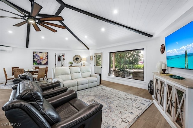 living room featuring ceiling fan, a wall mounted air conditioner, vaulted ceiling with beams, wood ceiling, and hardwood / wood-style flooring