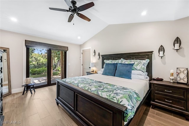 bedroom with access to outside, ceiling fan, vaulted ceiling, and light wood-type flooring