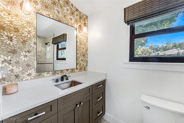 bathroom featuring vanity, toilet, and a shower