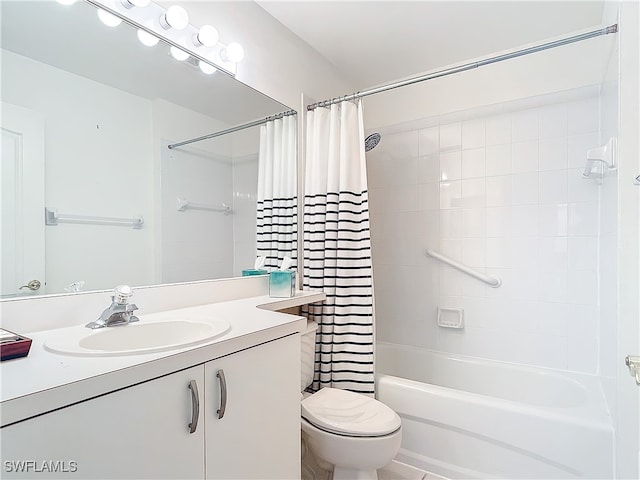 full bathroom featuring vanity, shower / tub combo, and toilet