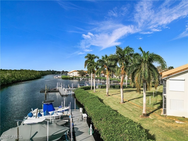 view of dock featuring a yard and a water view