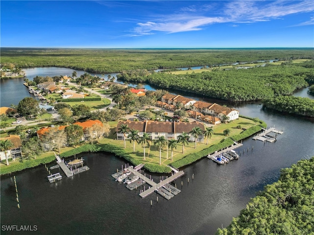 bird's eye view with a water view