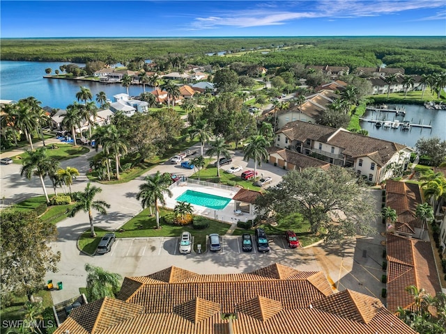 drone / aerial view with a water view