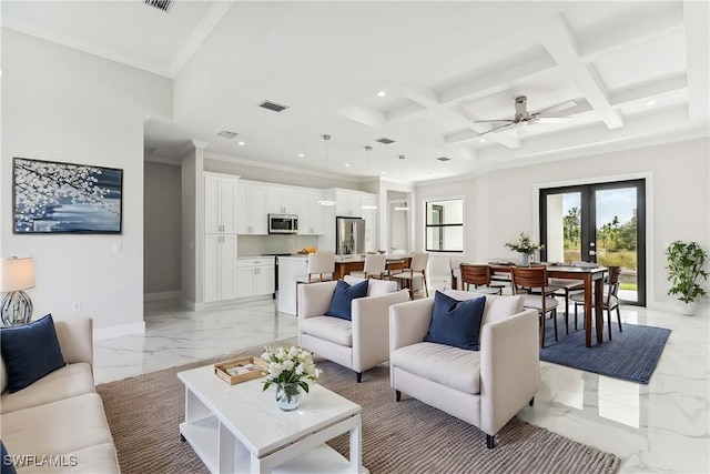 living room with french doors, ceiling fan, coffered ceiling, crown molding, and beam ceiling