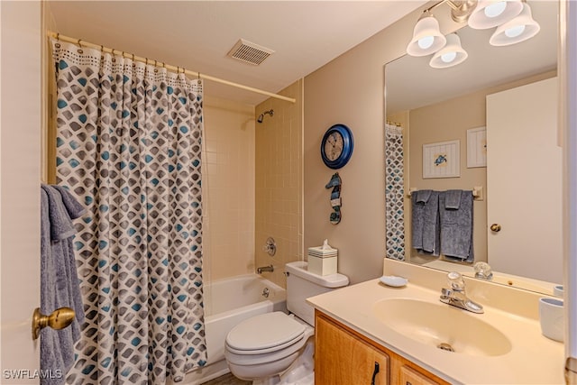 full bathroom featuring toilet, vanity, and shower / bathtub combination with curtain