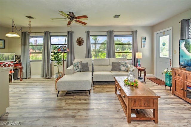 living room featuring ceiling fan and light hardwood / wood-style flooring