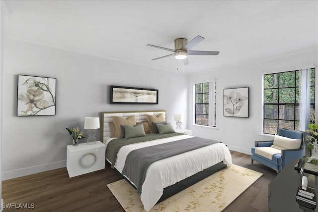 bedroom featuring ceiling fan and dark hardwood / wood-style flooring