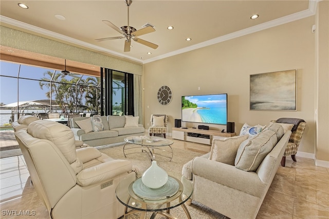 living room featuring crown molding, light tile patterned flooring, and ceiling fan