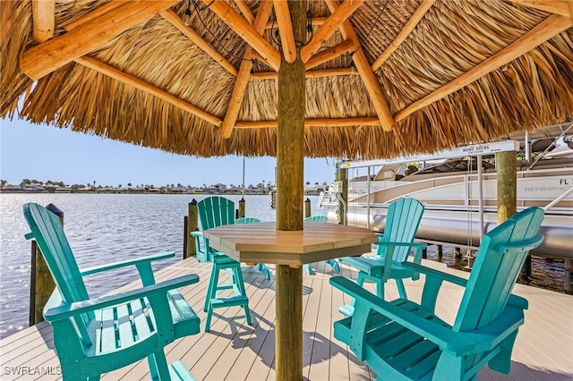 dock area featuring a water view and a gazebo