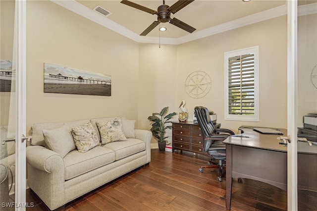 home office featuring crown molding, ceiling fan, and dark hardwood / wood-style flooring