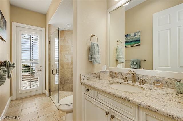 bathroom with vanity, walk in shower, toilet, and tile patterned flooring