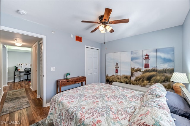 bedroom featuring a closet, hardwood / wood-style floors, and ceiling fan