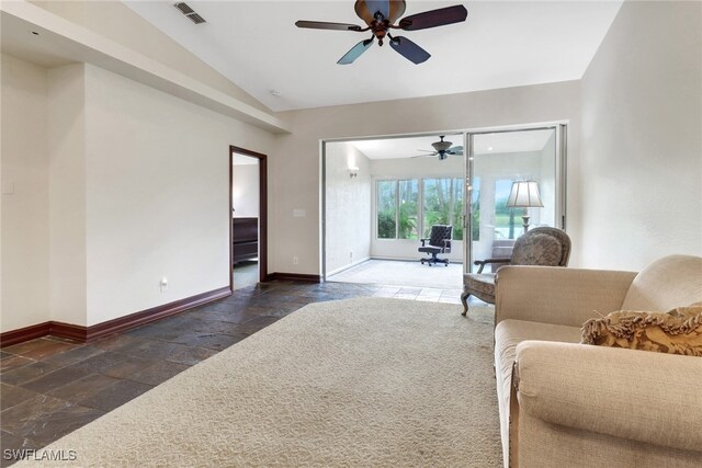 living room with lofted ceiling and ceiling fan