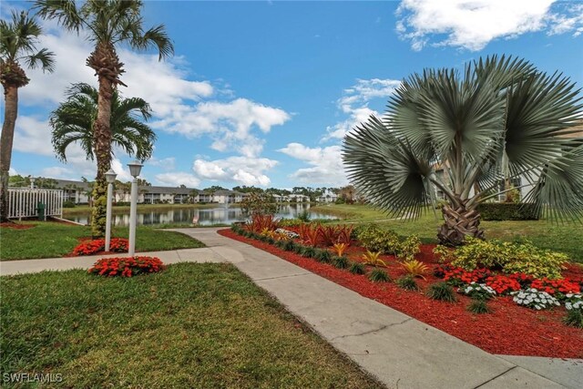 view of community with a water view and a yard