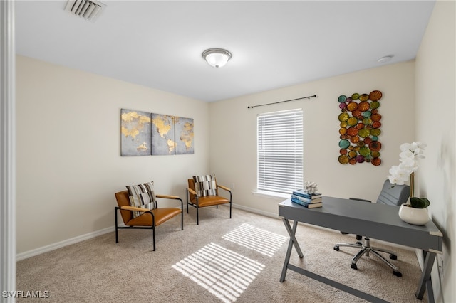 home office featuring light colored carpet