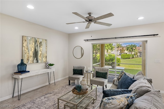 tiled living room featuring ceiling fan