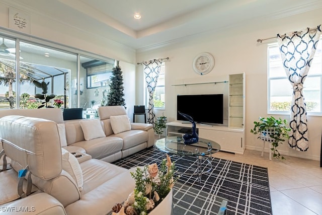 living room with tile patterned flooring