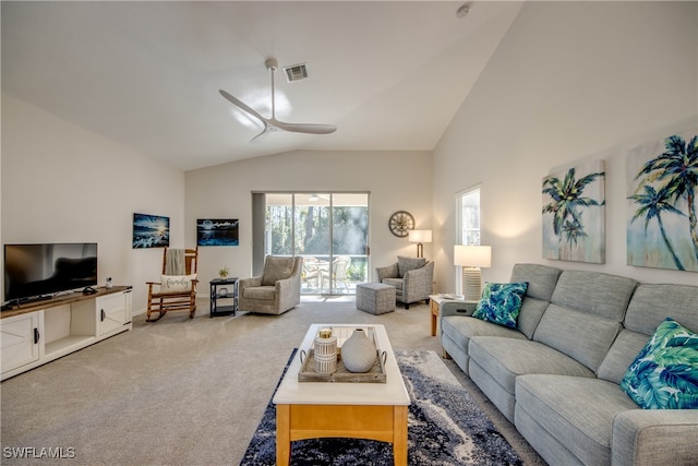 carpeted living room with lofted ceiling and ceiling fan