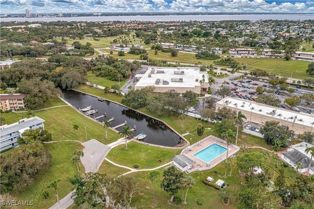 bird's eye view with a water view