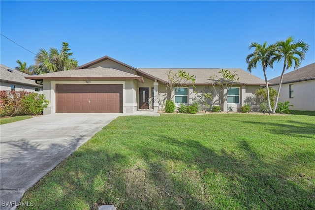 single story home with a front lawn and a garage