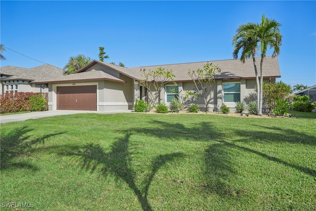 ranch-style home with a front lawn and a garage