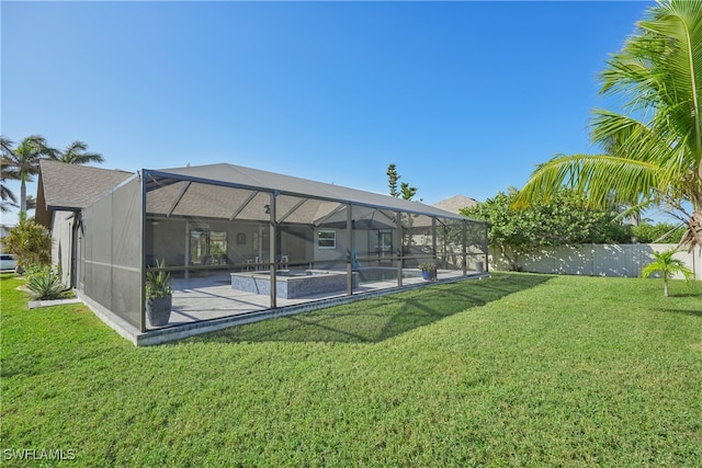 view of yard featuring a patio, glass enclosure, and a swimming pool