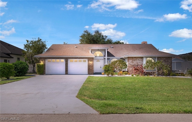 single story home with a garage and a front yard