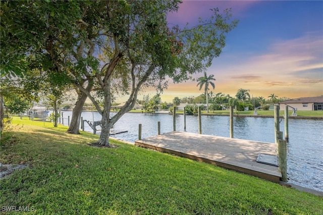 dock area featuring a yard and a water view