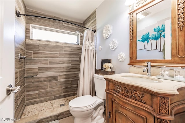 bathroom featuring vanity, toilet, and a shower with curtain