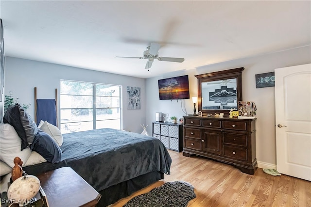 bedroom featuring light hardwood / wood-style floors and ceiling fan