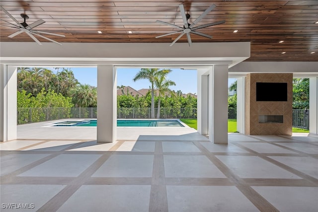 view of pool with a patio and ceiling fan